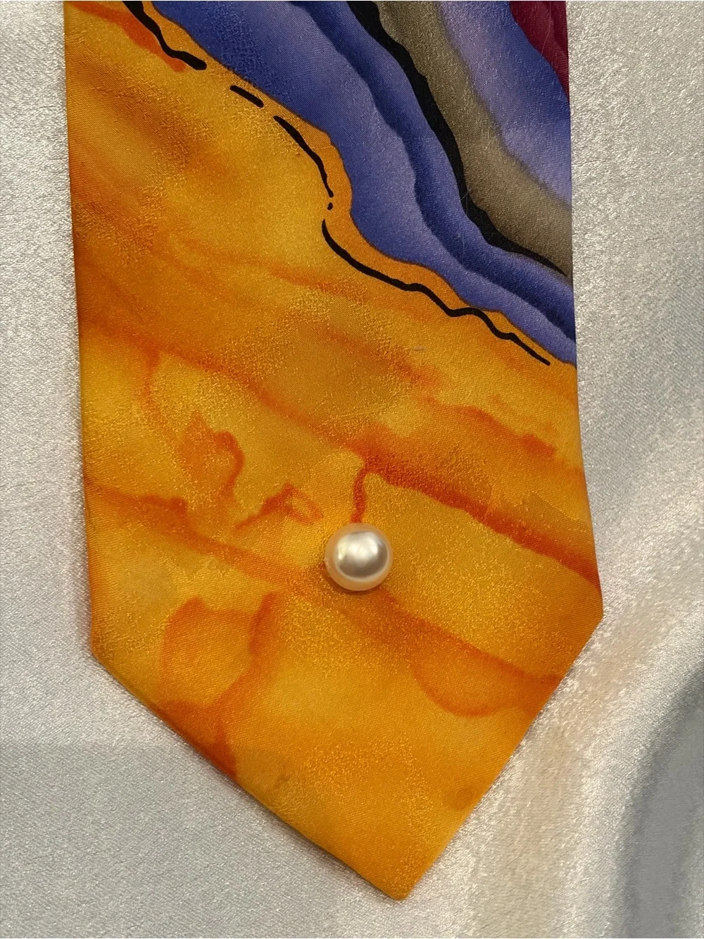 J. Garcia Vibrant Orange and Purple Abstract Silk Tie Necklace
